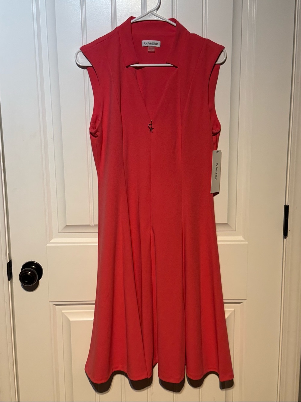 Calvin Klein - Pink/Coral V-Neck Hidden Front Zipper Dress-10